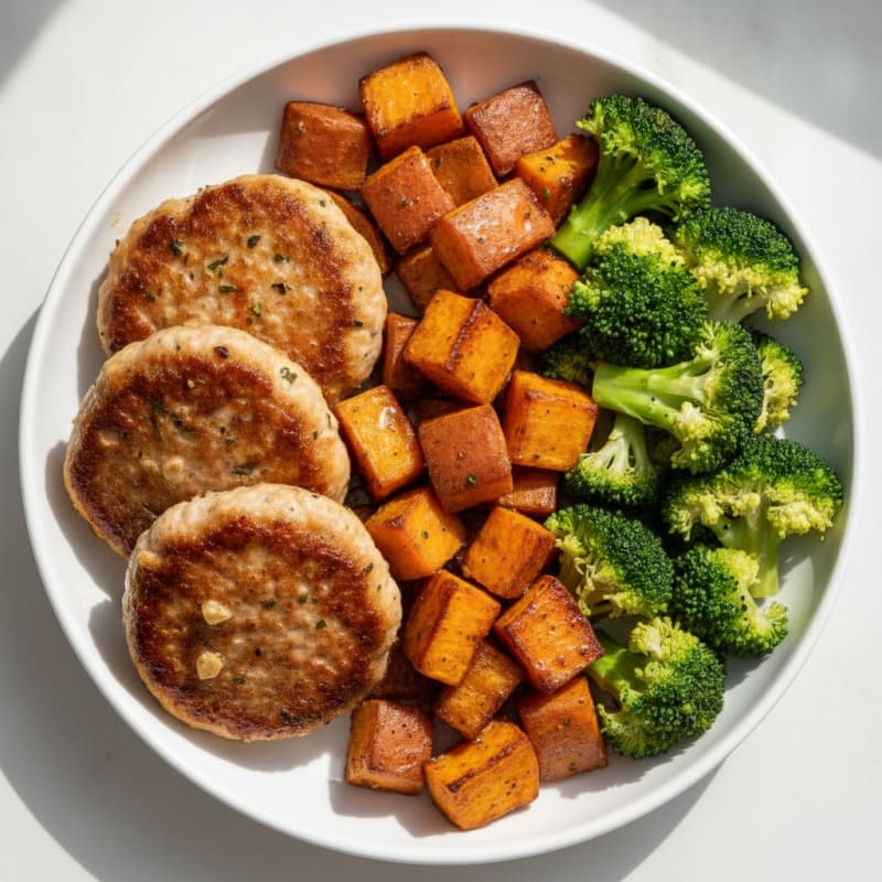 Seared Turkey Patties with Roasted Sweet Potato and Steamed Broccoli