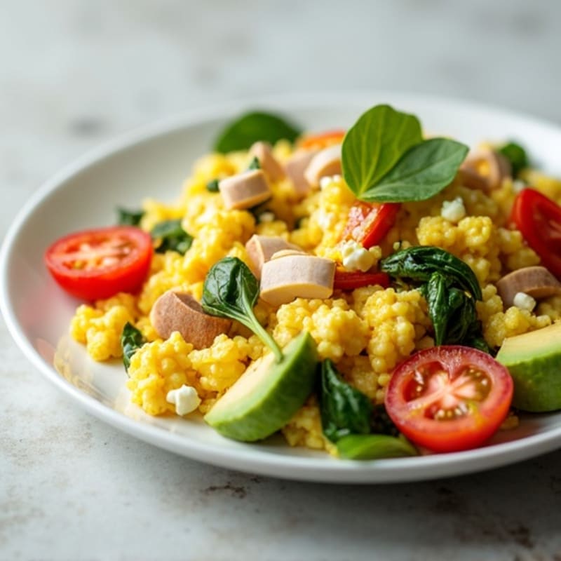 Egg White Veggie Scramble with Cottage Cheese and Sliced Turkey