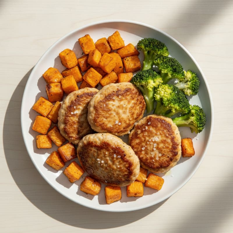 Seared Turkey Patties with Roasted Sweet Potato and Steamed Broccoli