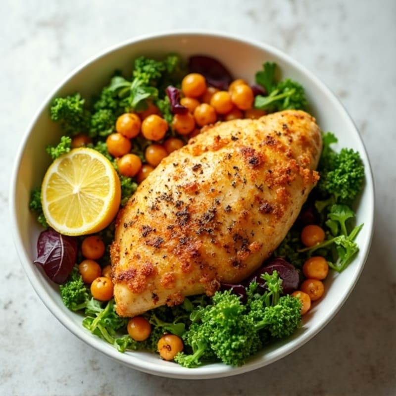Lemon Garlic Roasted Chicken and Crispy Chickpea Bowl with Fresh Greens