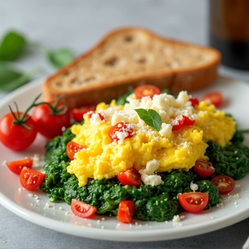 Fluffy Scrambled Eggs with Sautéed Spinach and Cherry Tomatoes