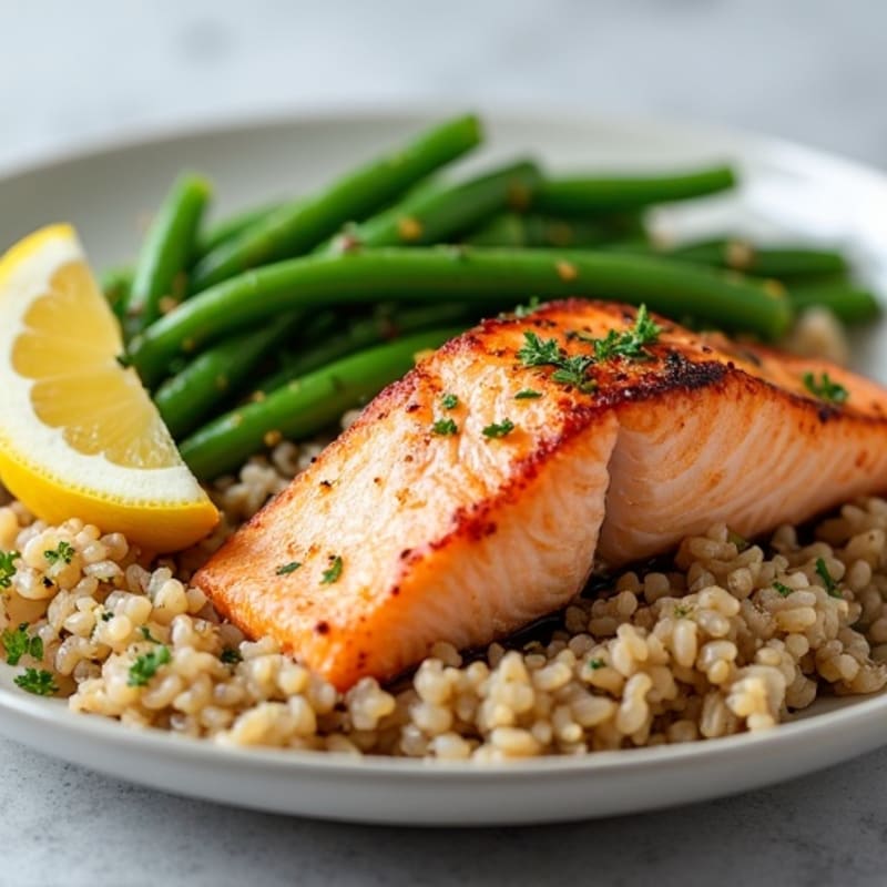 Seared Salmon with Steamed Green Beans and Herbed Brown Rice