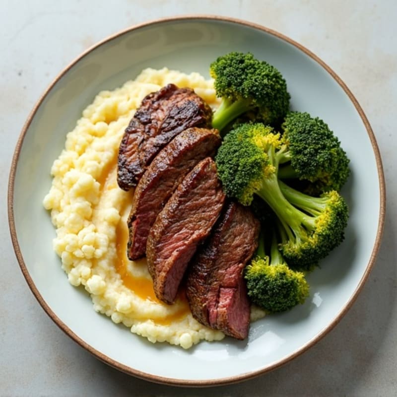 Seared Lean Beef Strips with Roasted Broccoli and Cauliflower Mash