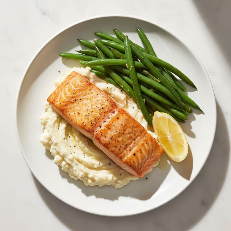 Seared Salmon with Garlic Green Beans and Mashed Cauliflower