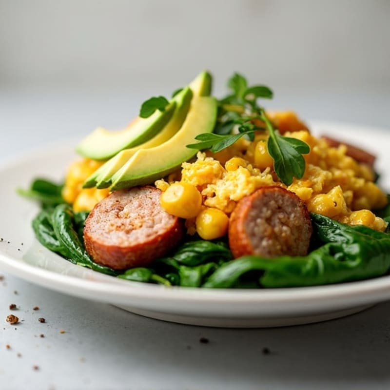 Egg White and Turkey Sausage Scramble with Sautéed Spinach