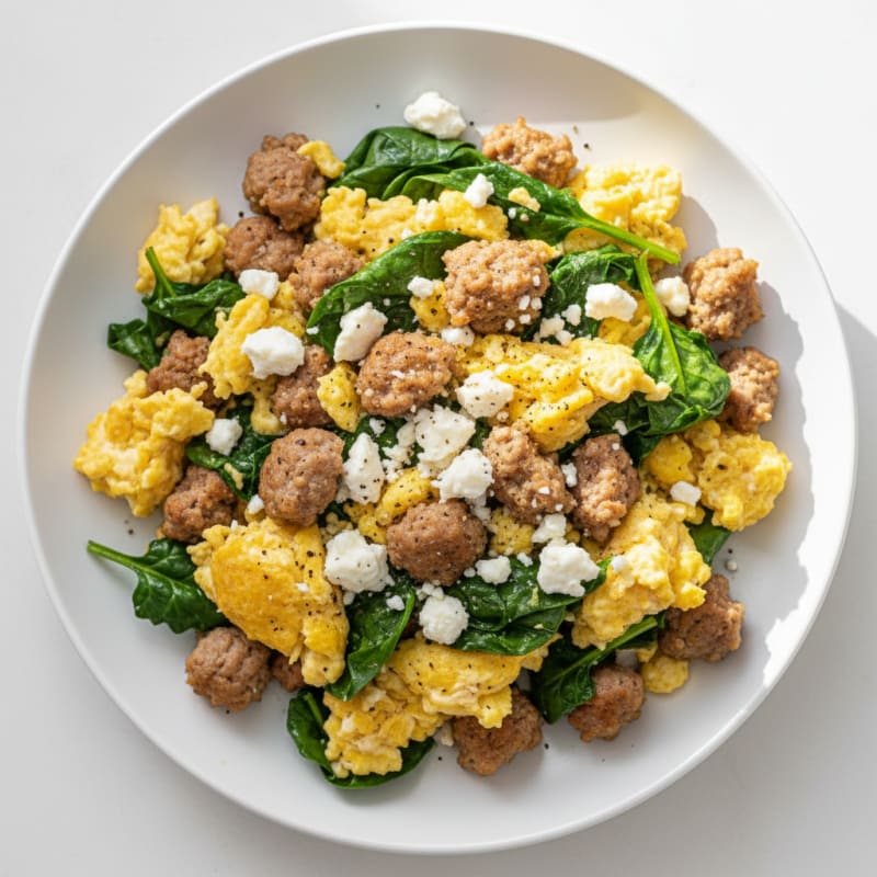 Fluffy Feta and Turkey Sausage Scramble