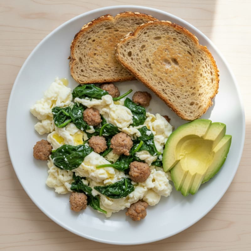Egg White and Spinach Scramble with Turkey Sausage