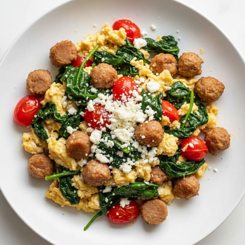Egg White and Turkey Sausage Scramble with Spinach and Tomatoes
