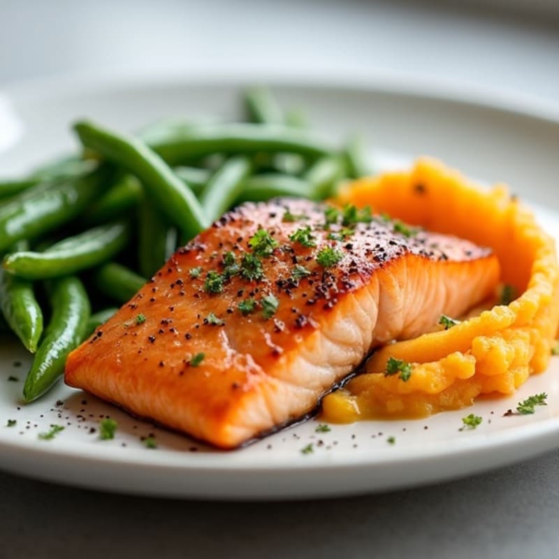 Seared Salmon with Garlic Green Beans and Sweet Potato Mash