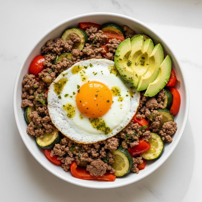 Seared Ground Beef and Egg Skillet with Roasted Vegetables