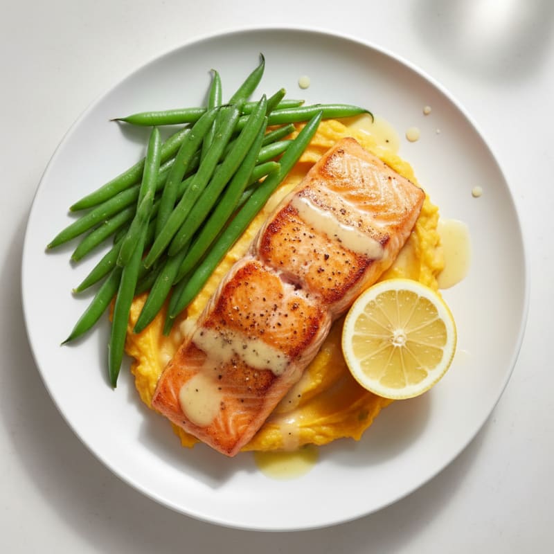 Seared Salmon Fillet with Steamed Green Beans and Sweet Potato Mash