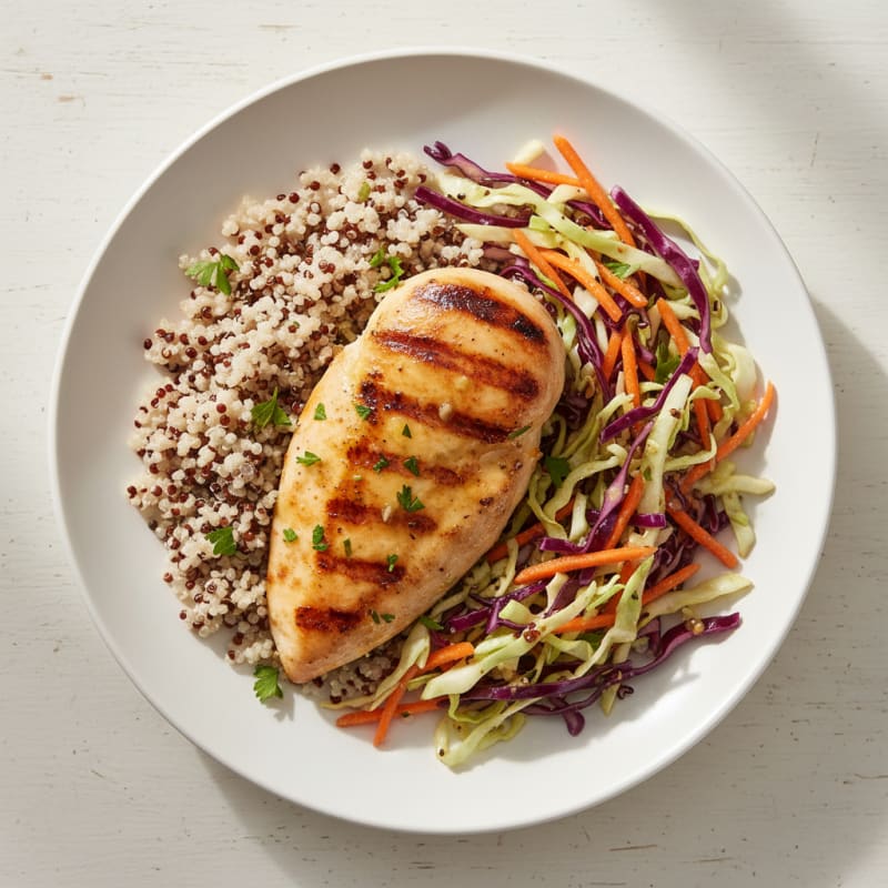 Grilled Chicken Breast with Crunchy Cabbage Slaw and Quinoa