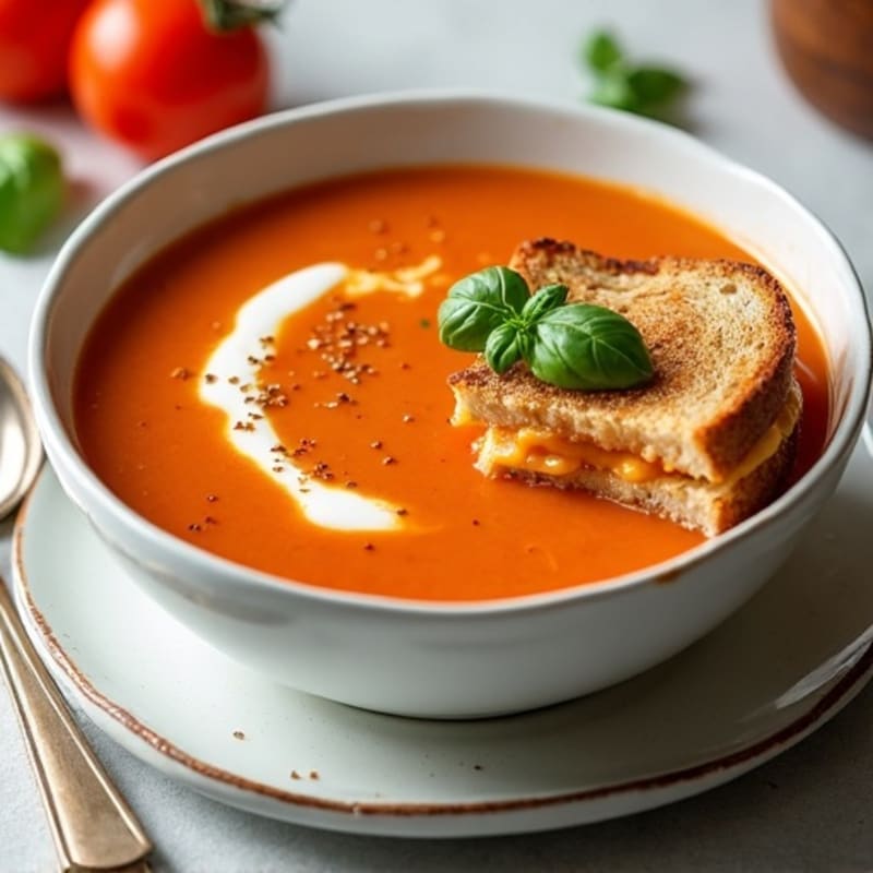 Creamy Roasted Tomato Basil Soup with Crispy Whole Grain Grilled Cheese