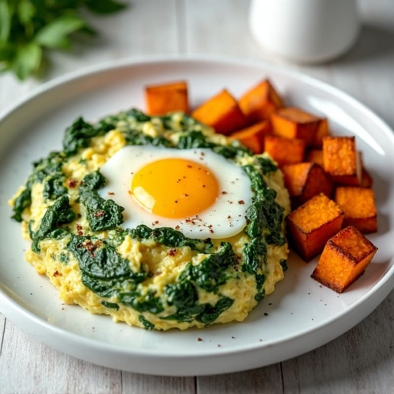 Egg White Spinach Scramble with Roasted Sweet Potato