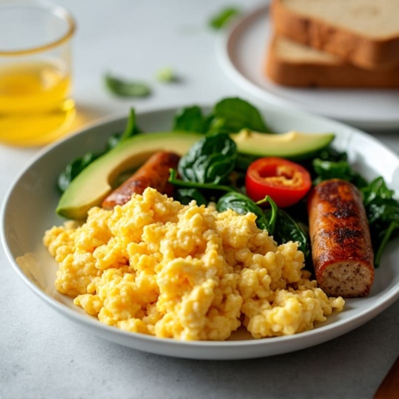 Egg White Scramble with Chicken Sausage and Sautéed Spinach