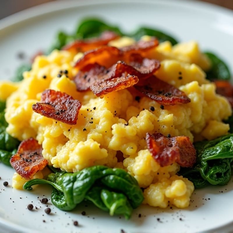 Fluffy Egg Scramble with Fresh Spinach and Crispy Turkey Bacon