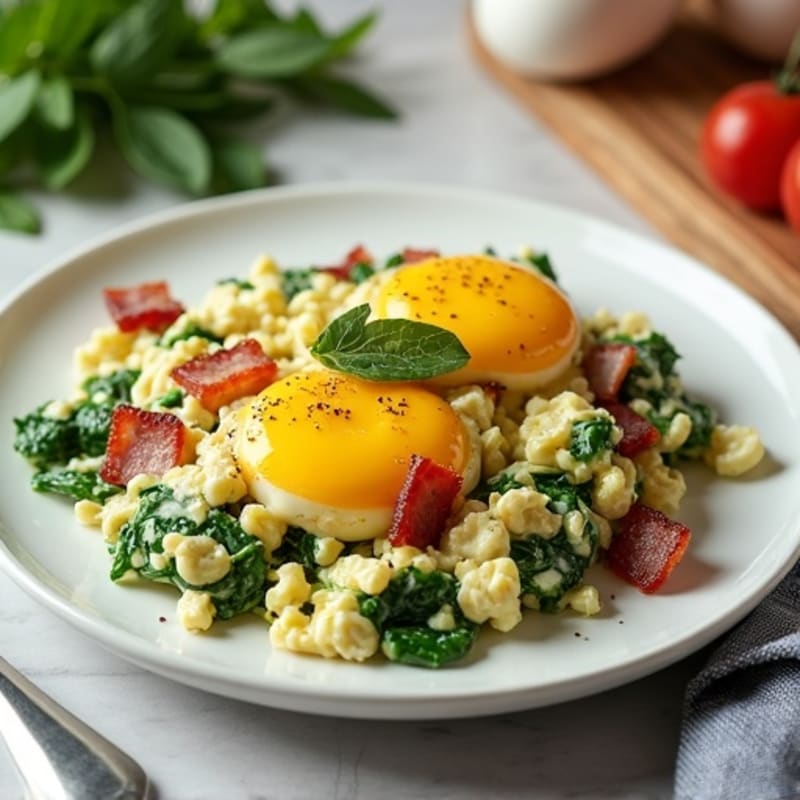 Cottage Cheese Scramble with Spinach and Sautéed Turkey Bacon