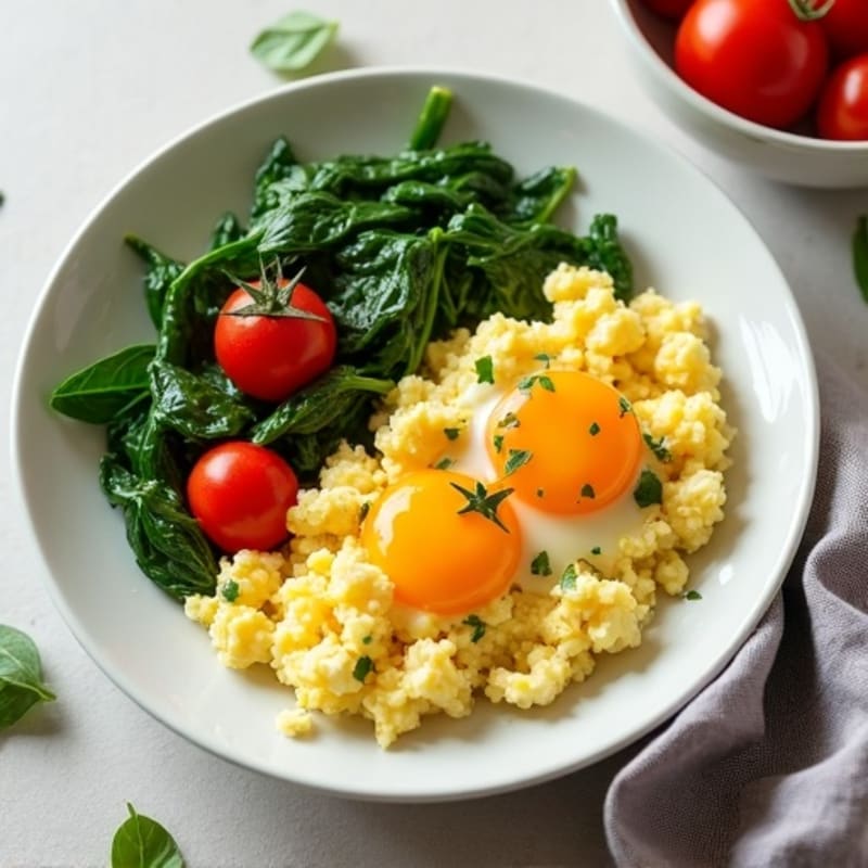 Creamy Scrambled Eggs with Sautéed Spinach and Cherry Tomatoes