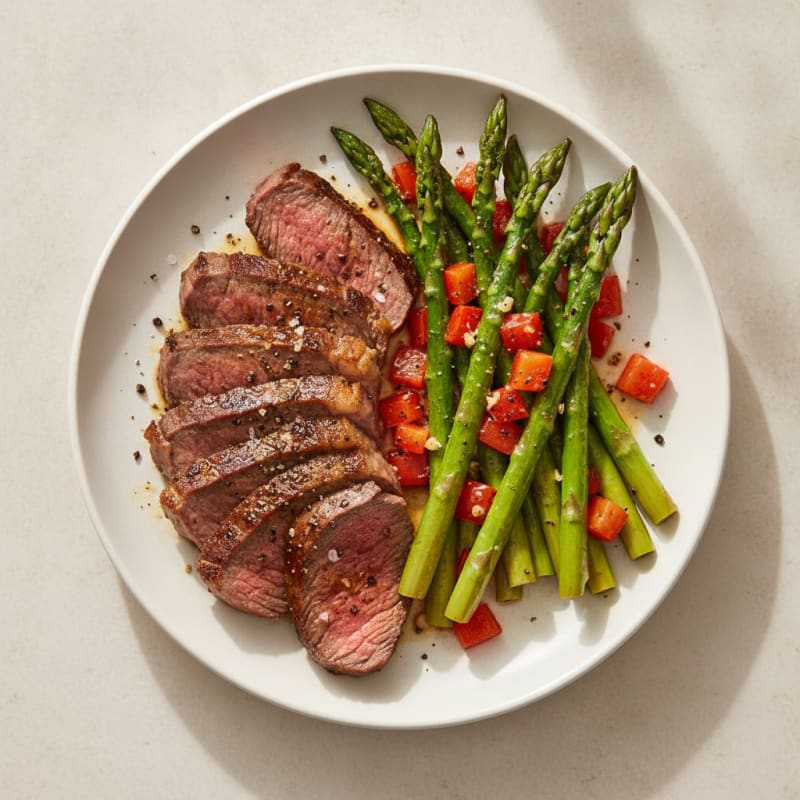 Pan-Seared Eye of Round Steaks with Garlicky Asparagus