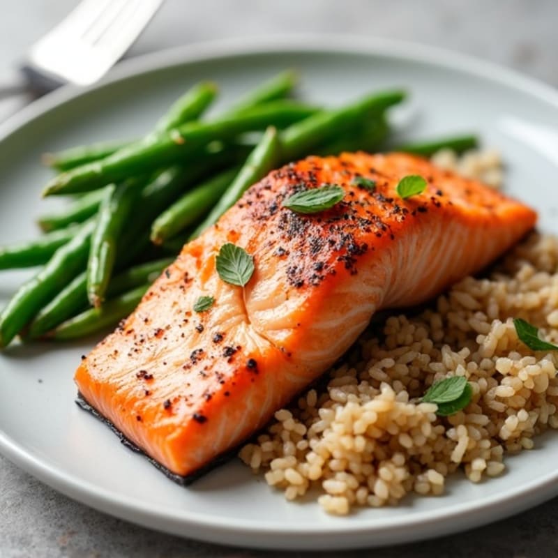 Seared Salmon with Steamed Green Beans and Brown Rice