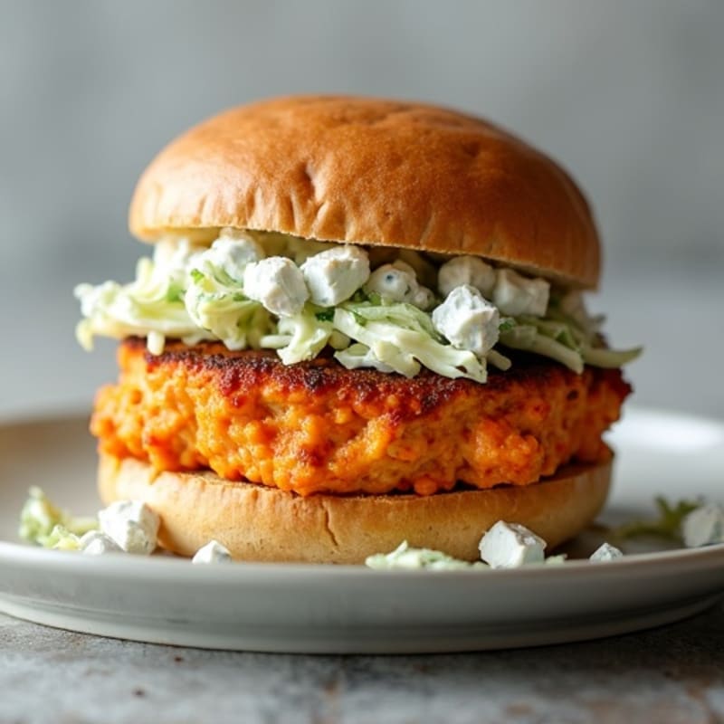 Lean Buffalo Chicken Burgers with Creamy Blue Cheese Slaw
