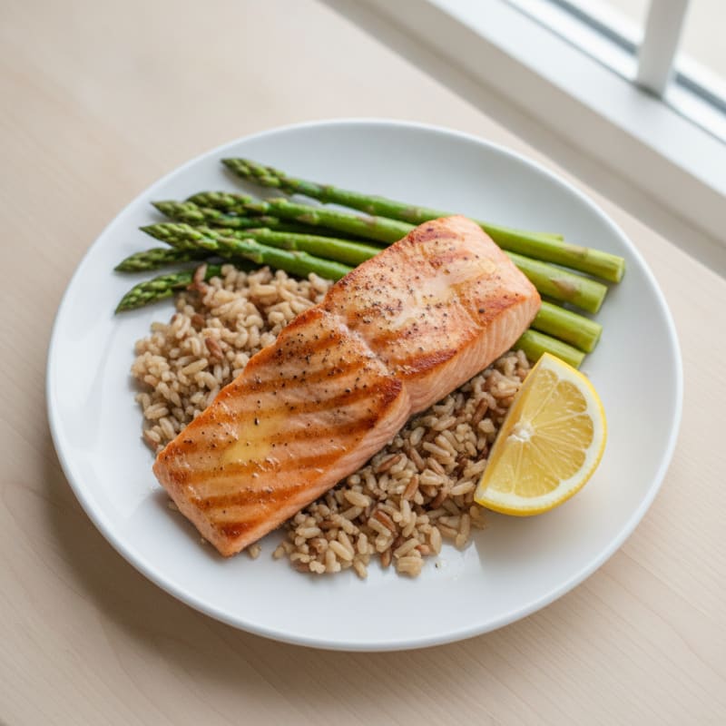 Seared Salmon Fillet with Steamed Asparagus and Brown Rice