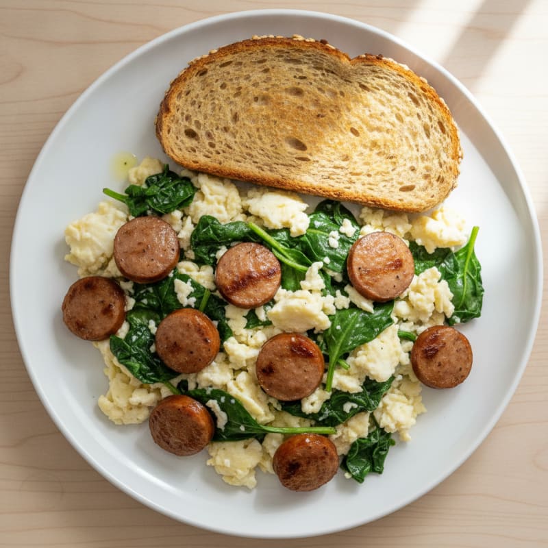 Egg White Spinach Scramble with Turkey Sausage