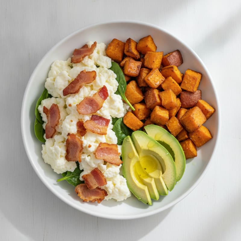 Crispy Turkey Bacon and Egg White Scramble with Roasted Sweet Potatoes