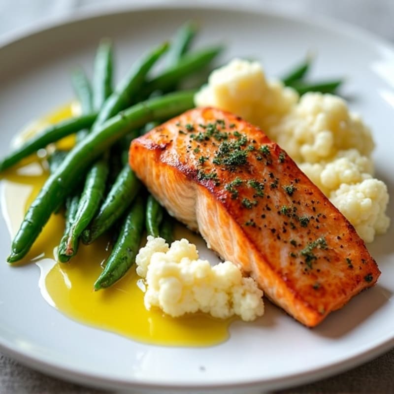 Seared Salmon with Steamed Green Beans and Garlic Mashed Cauliflower