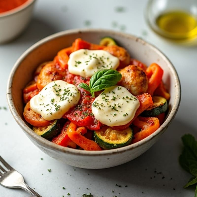 Chicken Pizza Bowl with Roasted Vegetables and Melty Mozzarella