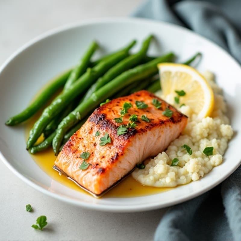 Seared Salmon with Steamed Green Beans and Cauliflower Mash