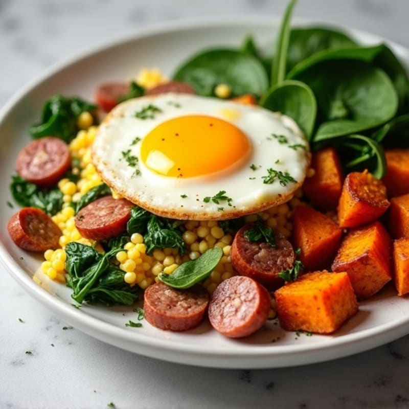 Egg White and Turkey Sausage Scramble with Spinach and Roasted Sweet Potatoes