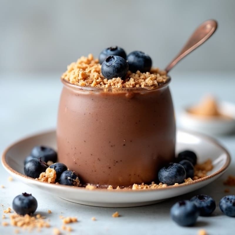 Protein Chocolate Mousse with Crumbled Peanut Butter and Blueberries
