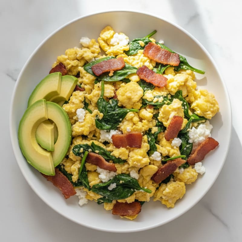 Cottage Cheese Egg Scramble with Spinach and Turkey Bacon