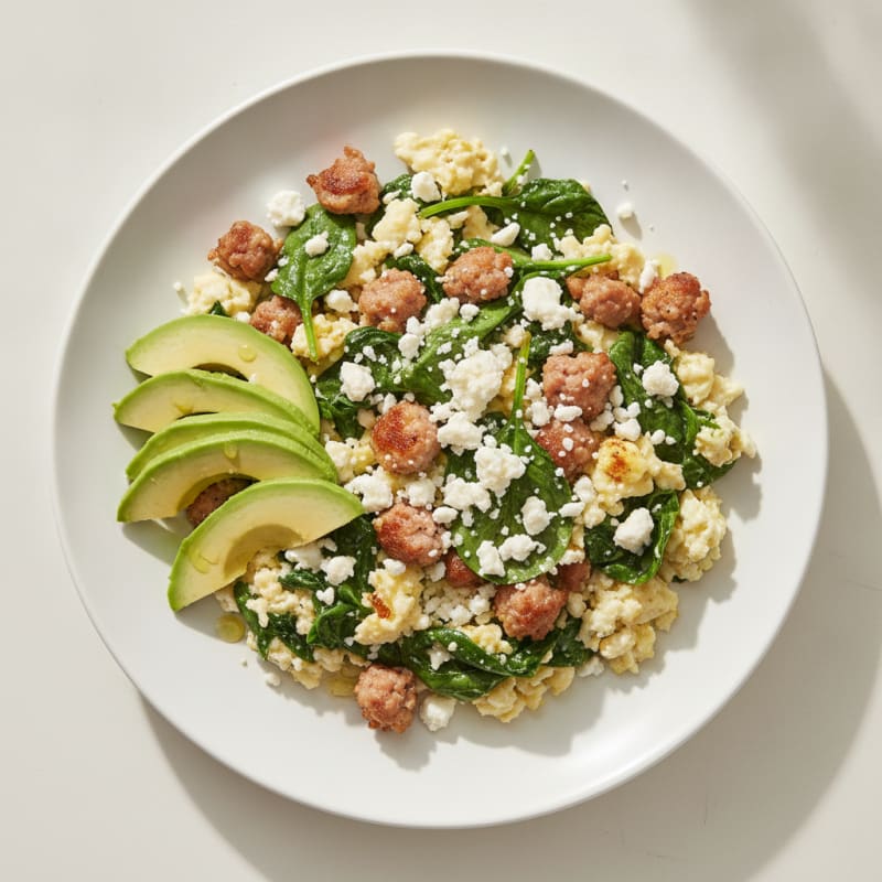 Egg White and Turkey Sausage Scramble with Spinach and Feta