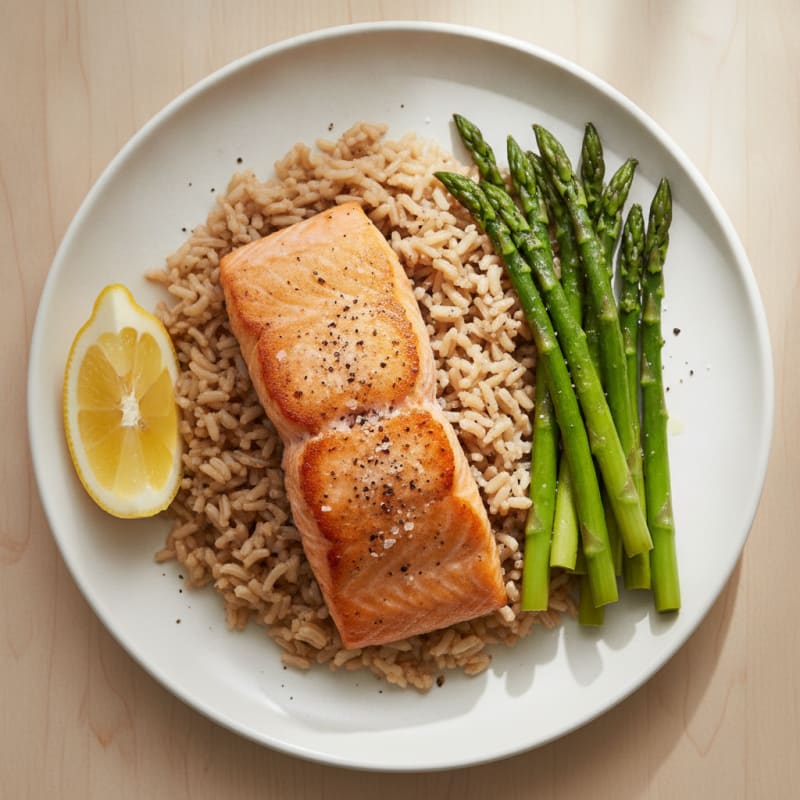 Seared Salmon with Steamed Asparagus and Brown Rice