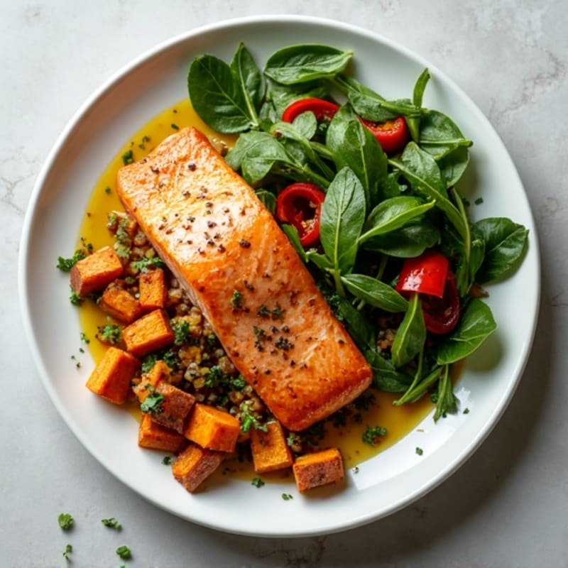 Flaky Roasted Salmon with Herbed Sweet Potato Hash and Fresh Greens
