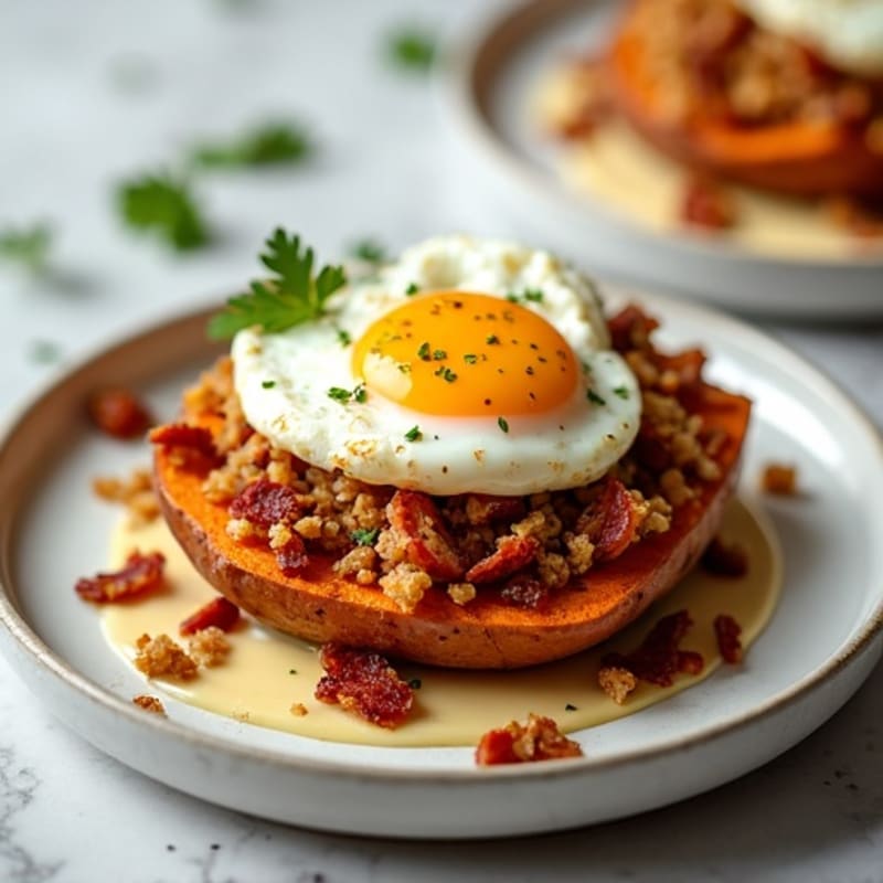 Crispy Roasted Sweet Potatoes with Cheesy Bacon Crumble