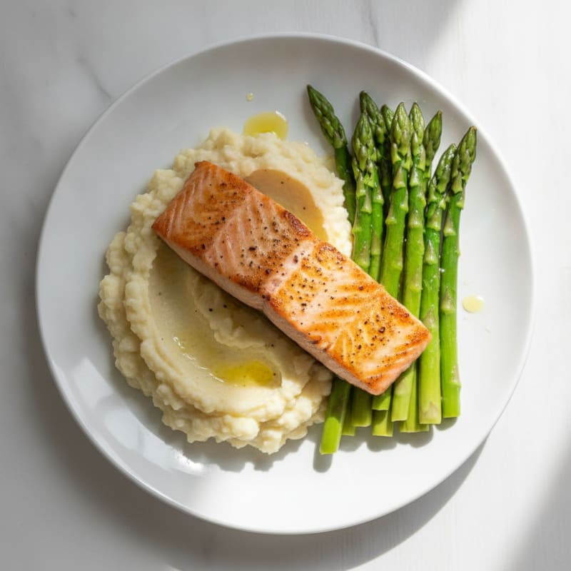 Seared Salmon with Steamed Asparagus and Cauliflower Mash