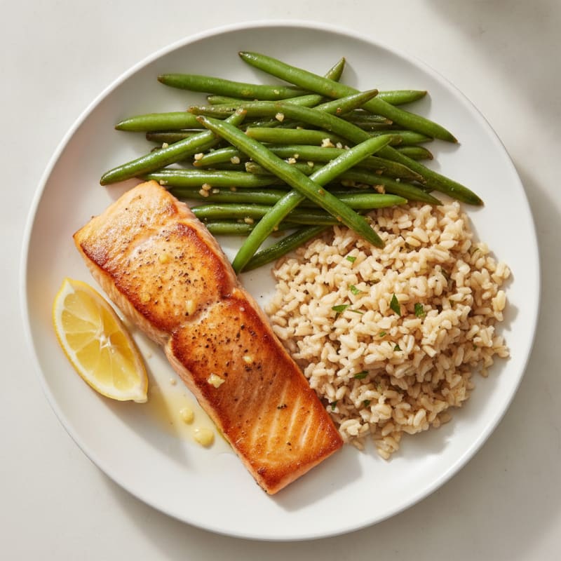 Seared Salmon with Garlic Green Beans and Brown Rice
