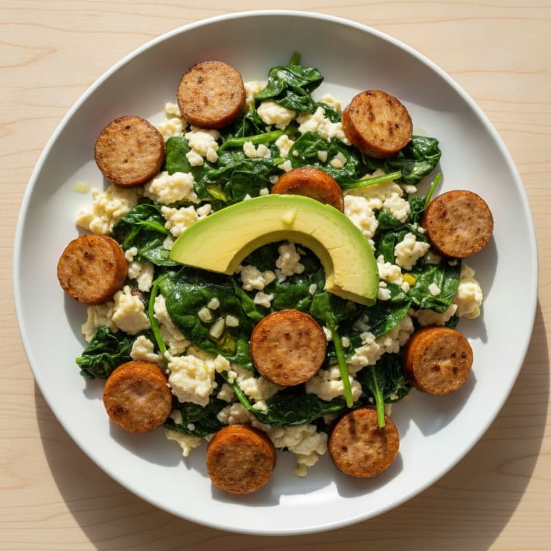Egg White Scramble with Turkey Sausage and Sautéed Spinach