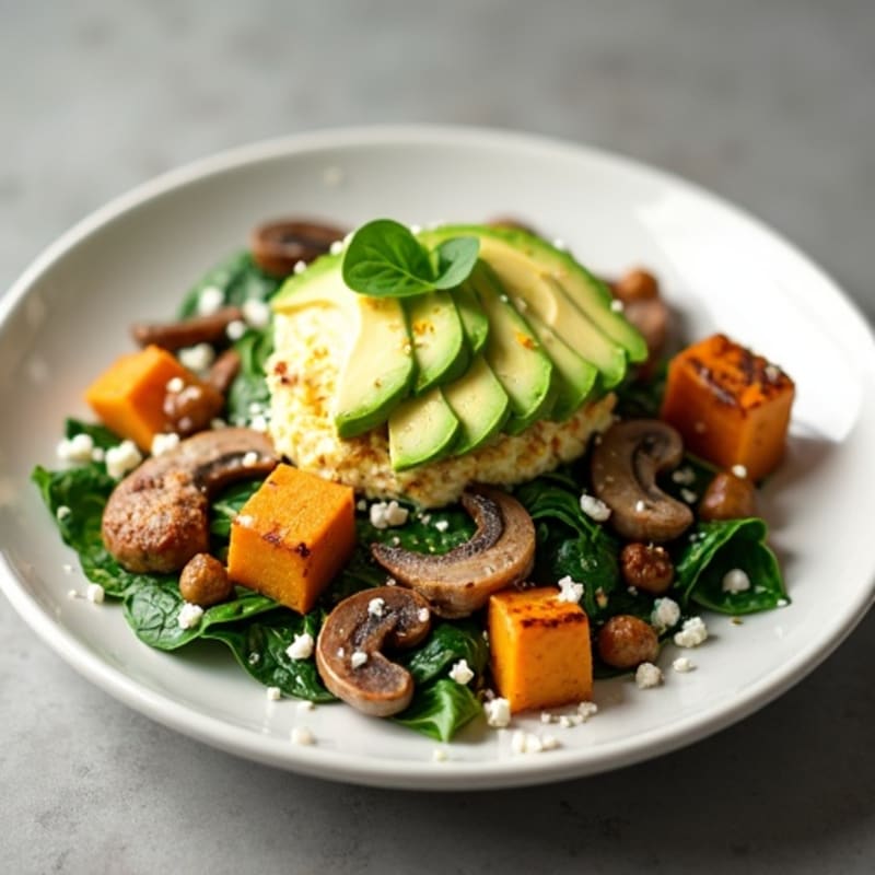 Egg White Spinach Scramble with Turkey Sausage and Sautéed Mushrooms