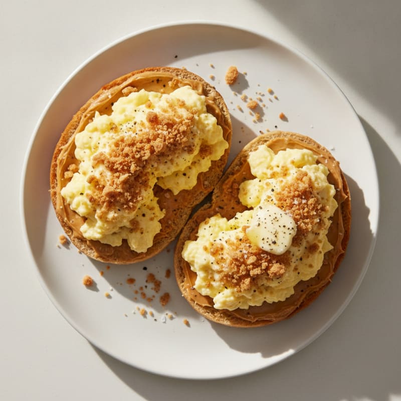 Protein Bagel with Peanut Butter and Fluffy Eggs