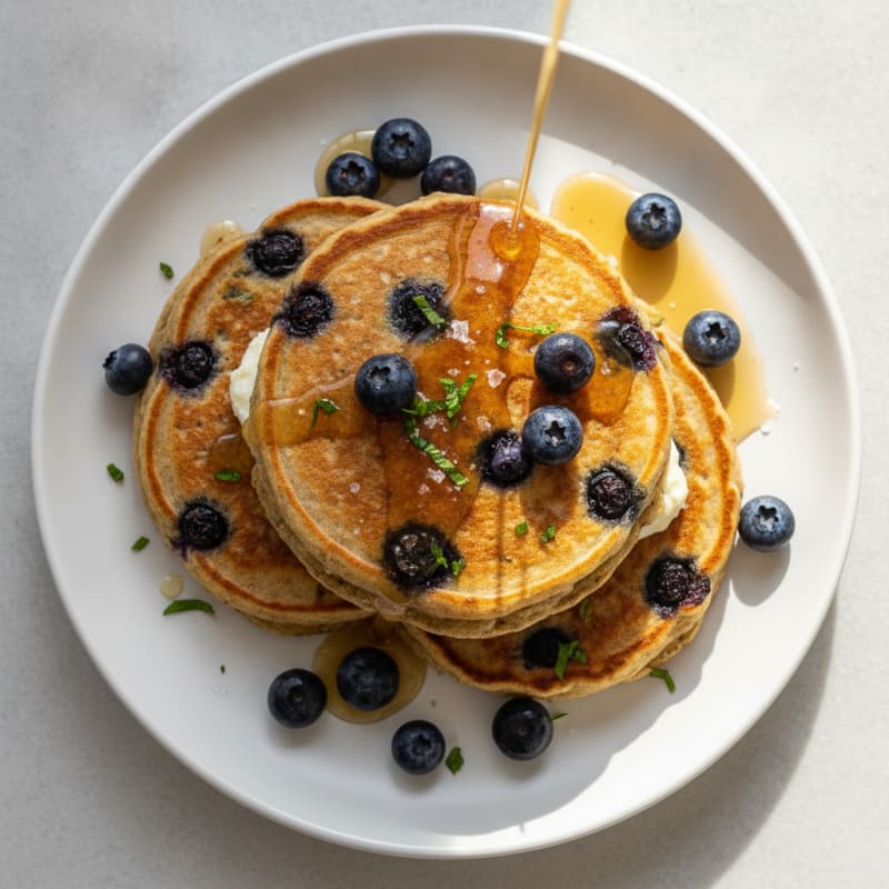 Blueberry Ricotta Pancakes with Maple Glaze