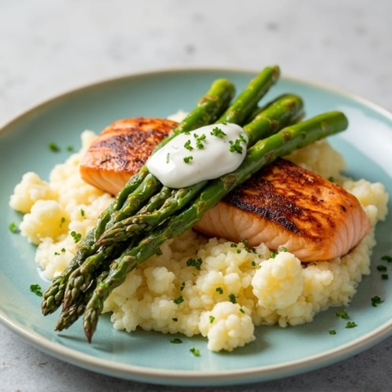 Seared Salmon Fillet with Roasted Asparagus and Cauliflower Mash