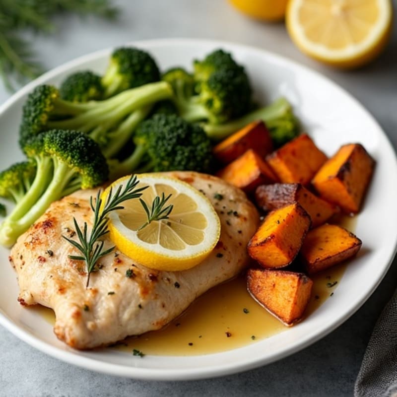 Sheet Pan Lemon Herb Roasted Chicken with Crispy Broccoli and Sweet Potatoes
