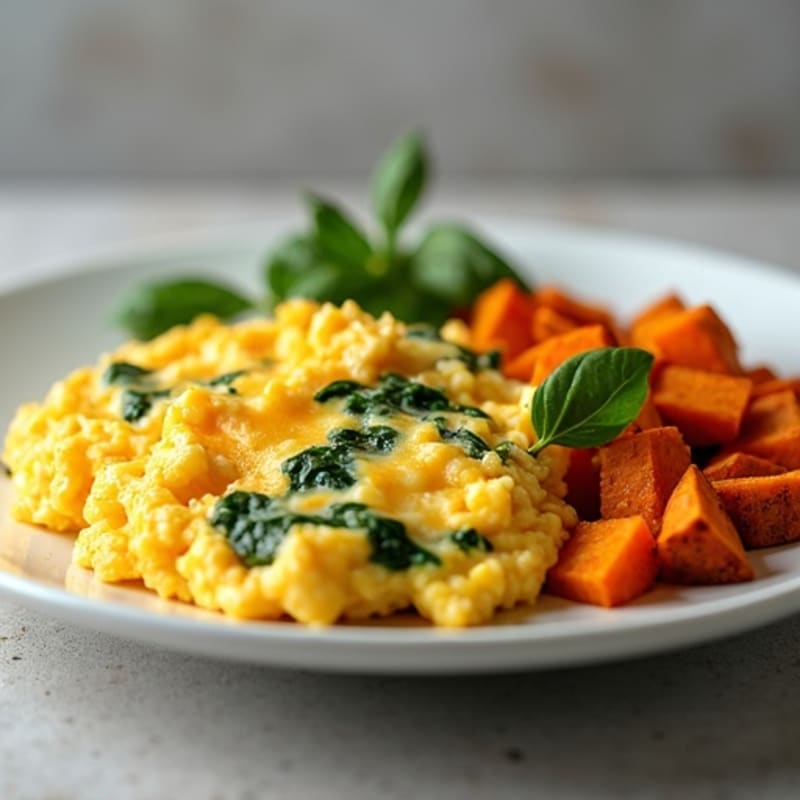 Cheesy Scrambled Eggs with Fresh Spinach and Roasted Sweet Potatoes