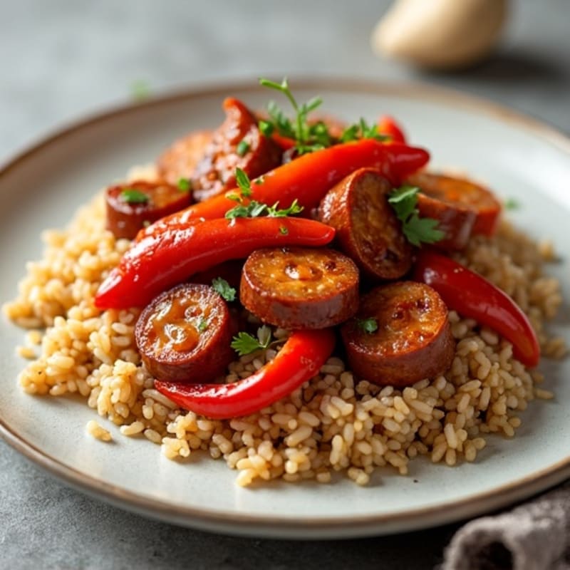 Smoked Sausage and Roasted Peppers with Tangy BBQ Brown Rice