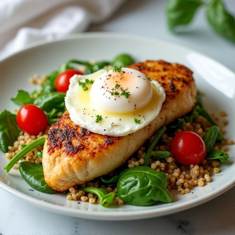 Grilled Chicken Breast with Mixed Greens, Quinoa, and Poached Egg