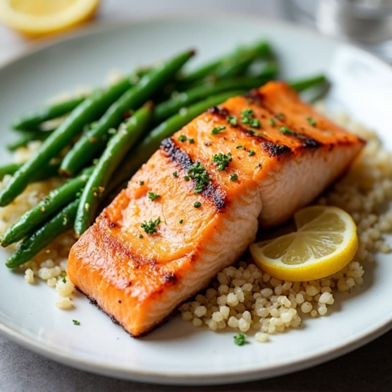 Seared Salmon Fillet with Garlic Green Beans and Quinoa